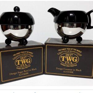 TWG Tea Creamer & Sugar Bowl w/ Lid Set A1935BK  A1936BK Black & Silver NEW NIB